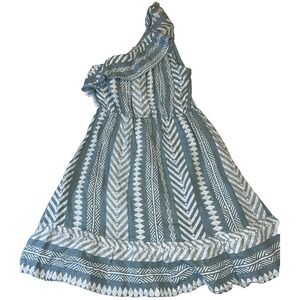 Valentina Naldi Large Italy Ruffle Trim One Shoulder Linen Dress Blue Boho